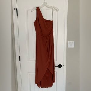 David’s Bridal chiffon one-shoulder bridesmaid dress with cascade